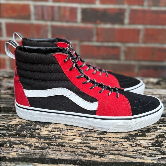 VANS SK8-HI Sz 10.5 Red Black White OTW Webbing Script Suede High Top Shoes F2